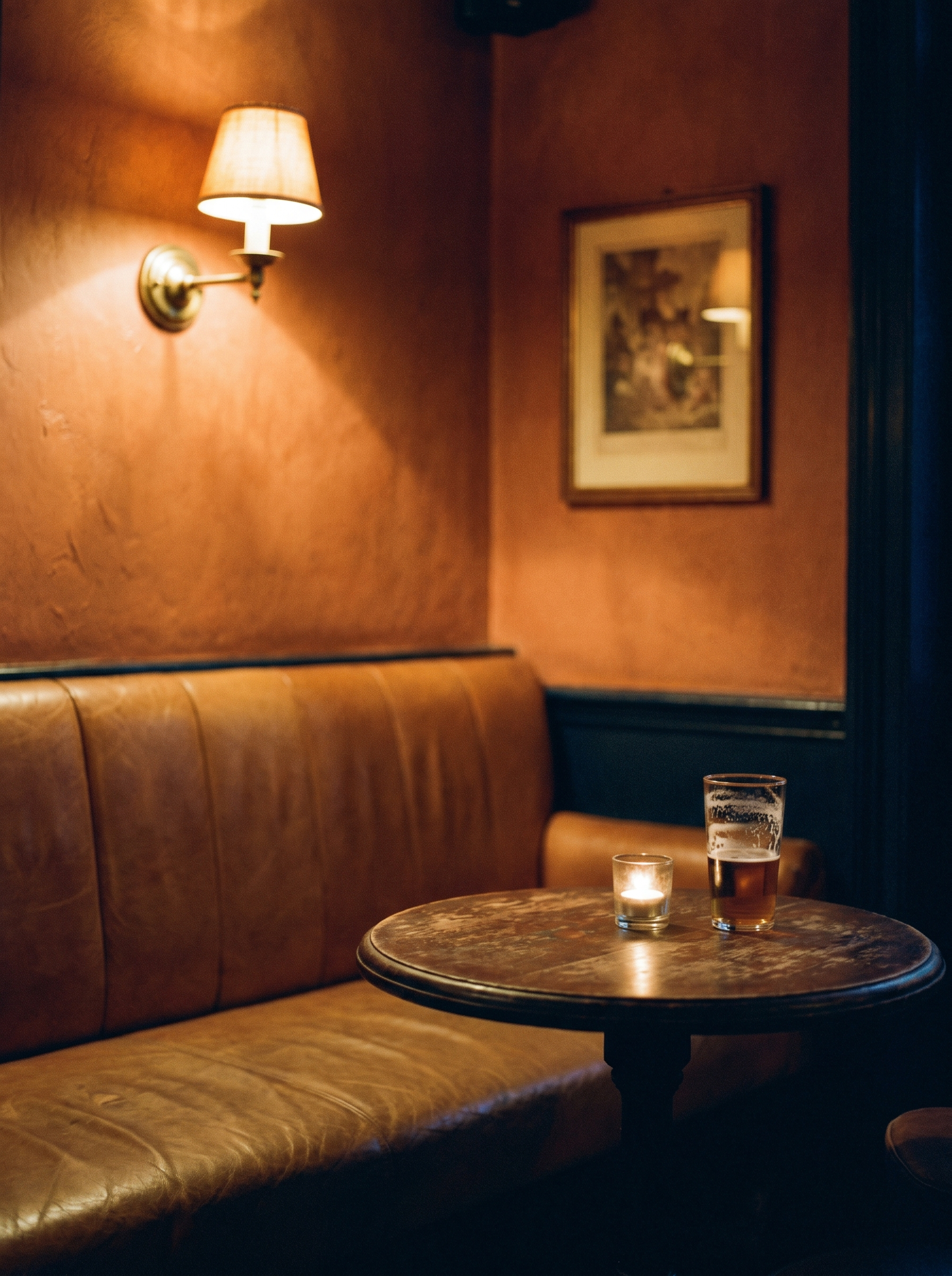 A cosy pub corner with a leather banquette, a glowing wall lamp, a candle and a pint on a small round table.